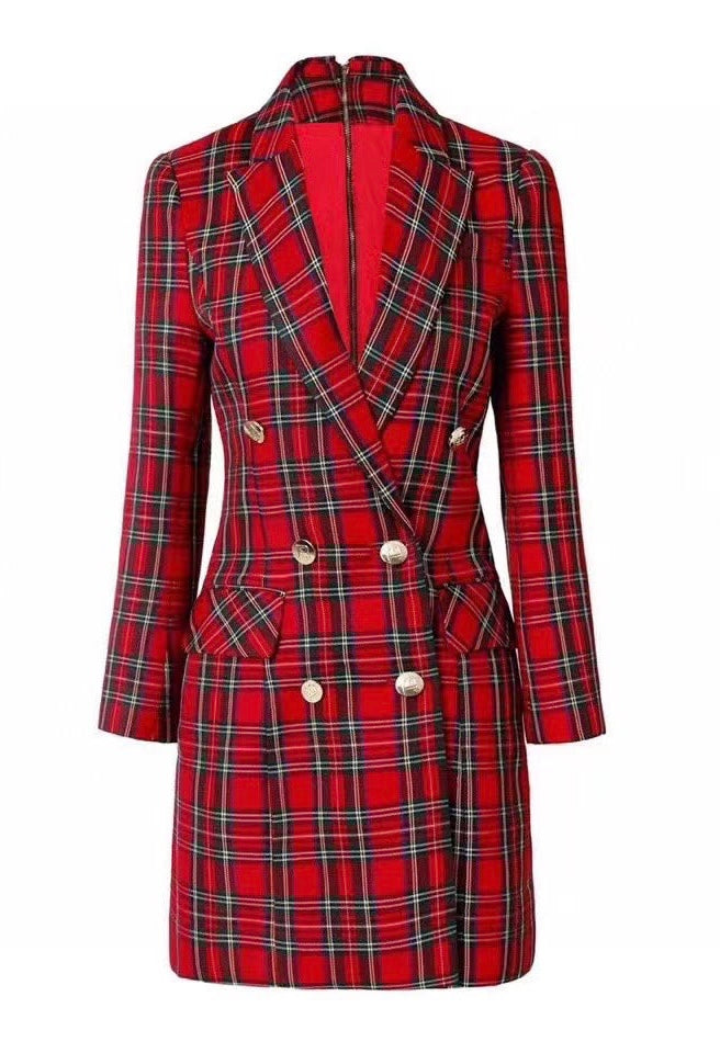 Plaid-Red Longline Double Breasted Blazer