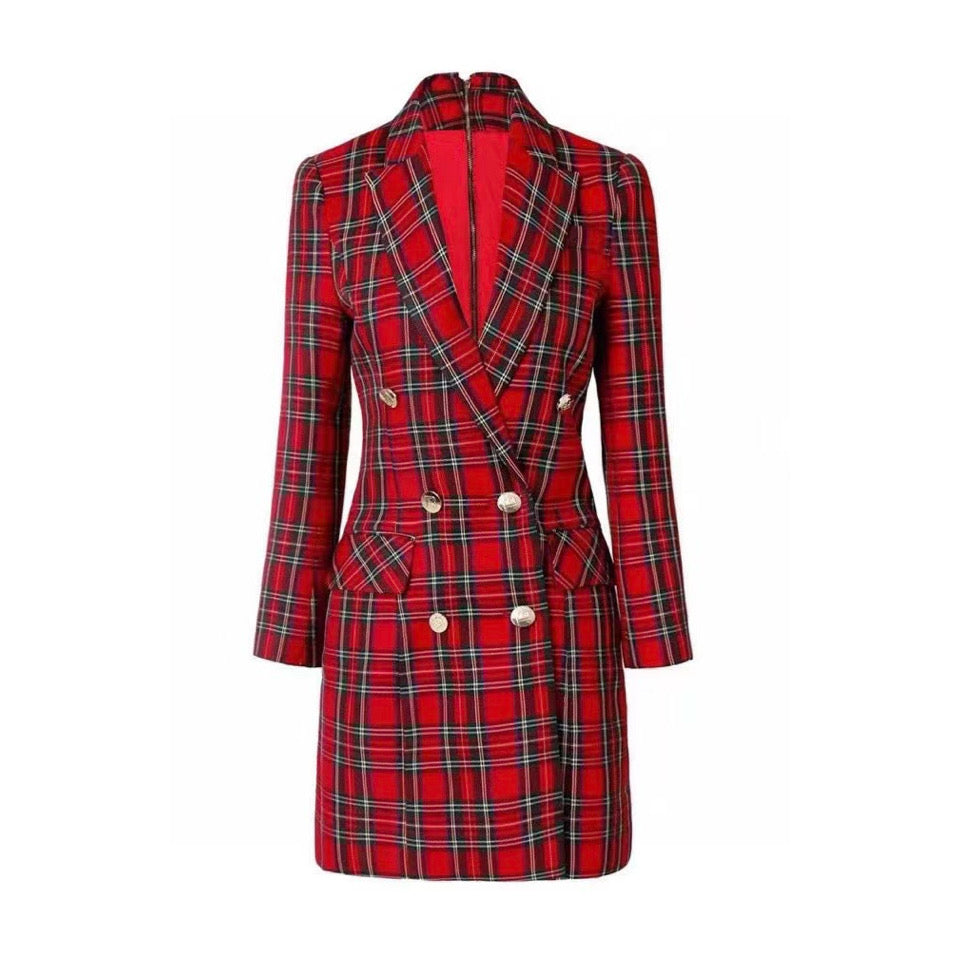 Plaid-Red Longline Double Breasted Blazer